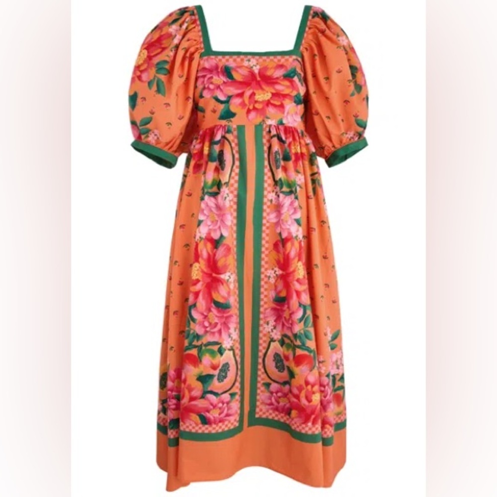 Farm Rio Orange Fruit Garden Scarf Midi Dress - Picture 4 of 8